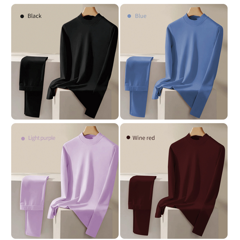 طقم حراري نسائي من القطن المضلع والصوف الألماني حتى منتصف الرقبة