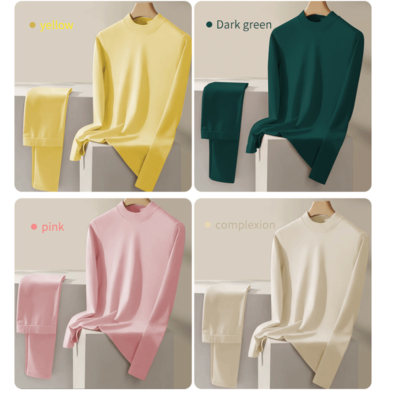 طقم حراري نسائي من القطن المضلع والصوف الألماني حتى منتصف الرقبة